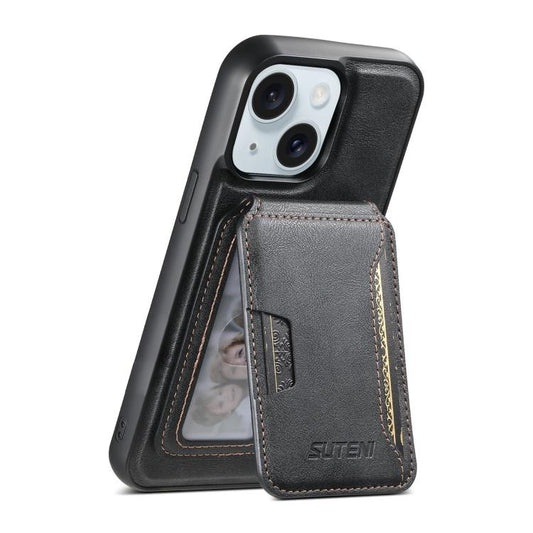 For iPhone 15 Suteni M3 Card Bag MagSafe Cowhide Texture Leather Phone Case(Black) - iPhone 15 Cases by Suteni | Online Shopping UK | buy2fix