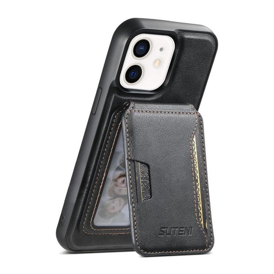 For iPhone 12 Suteni M3 Card Bag MagSafe Cowhide Texture Leather Phone Case(Black) - iPhone 12 / 12 Pro Cases by Suteni | Online Shopping UK | buy2fix