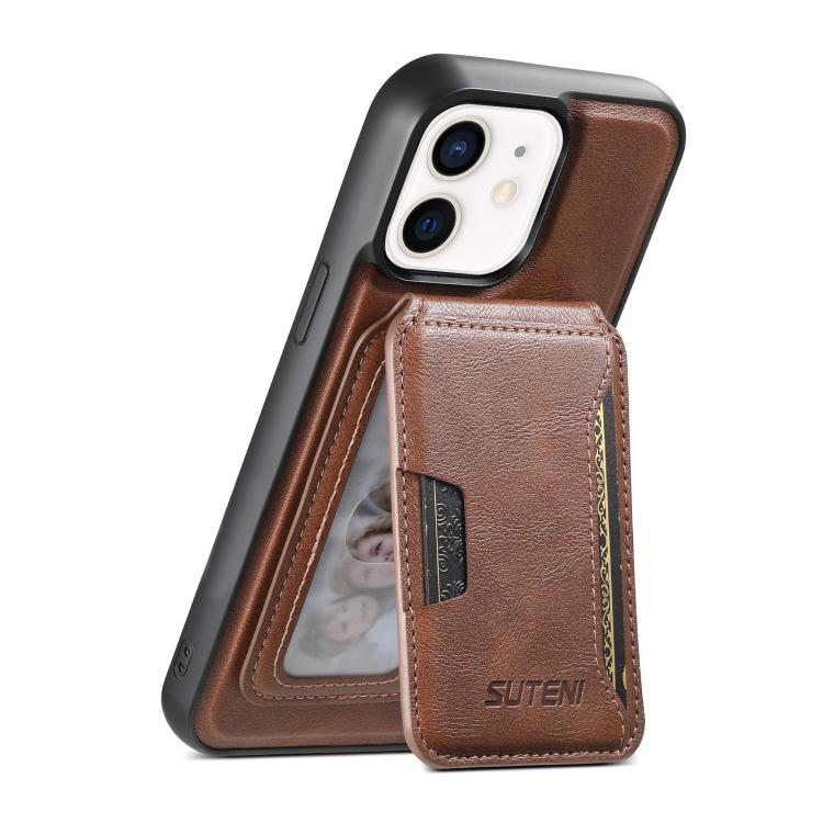 For iPhone 12 Suteni M3 Card Bag MagSafe Cowhide Texture Leather Phone Case(Brown) - iPhone 12 / 12 Pro Cases by Suteni | Online Shopping UK | buy2fix