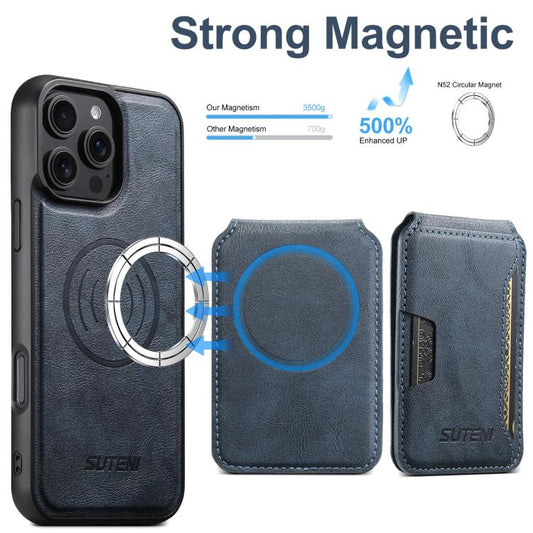 For iPhone 12 Pro Suteni M3 Card Bag MagSafe Cowhide Texture Leather Phone Case(Blue) - iPhone 16 Pro Max Cases by Suteni | Online Shopping UK | buy2fix