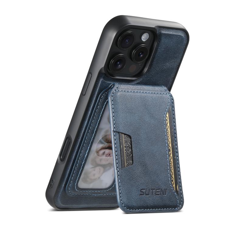 For iPhone 12 Pro Suteni M3 Card Bag MagSafe Cowhide Texture Leather Phone Case(Blue) - iPhone 16 Pro Max Cases by Suteni | Online Shopping UK | buy2fix