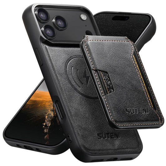 For iPhone 17 Pro Suteni M3 Card Bag MagSafe Cowhide Texture Leather Phone Case(Black) - iPhone 17 Pro Cases by Suteni | Online Shopping UK | buy2fix