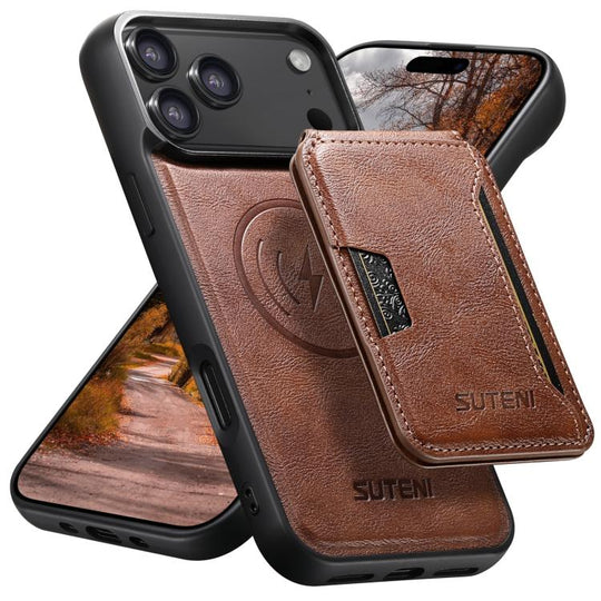 For iPhone 17 Pro Suteni M3 Card Bag MagSafe Cowhide Texture Leather Phone Case(Brown)