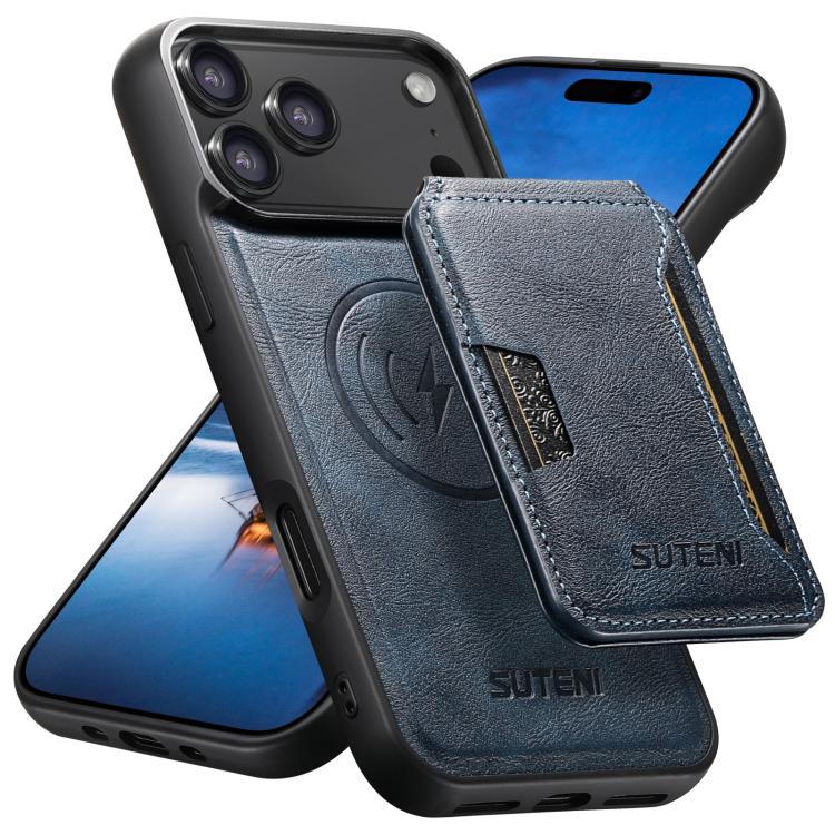 For iPhone 17 Pro Suteni M3 Card Bag MagSafe Cowhide Texture Leather Phone Case(Blue) - iPhone 17 Pro Cases by Suteni | Online Shopping UK | buy2fix