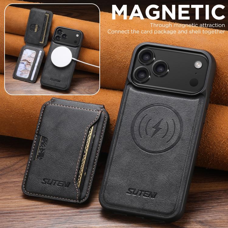 For iPhone 17 Suteni M3 Card Bag MagSafe Cowhide Texture Leather Phone Case(Black) - iPhone 17 Cases by Suteni | Online Shopping UK | buy2fix