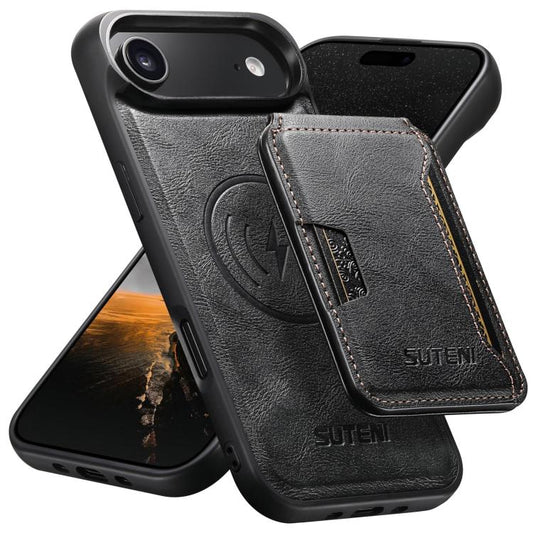 For iPhone 17 Air Suteni M3 Card Bag MagSafe Cowhide Texture Leather Phone Case(Black) - iPhone 17 Air Cases by Suteni | Online Shopping UK | buy2fix