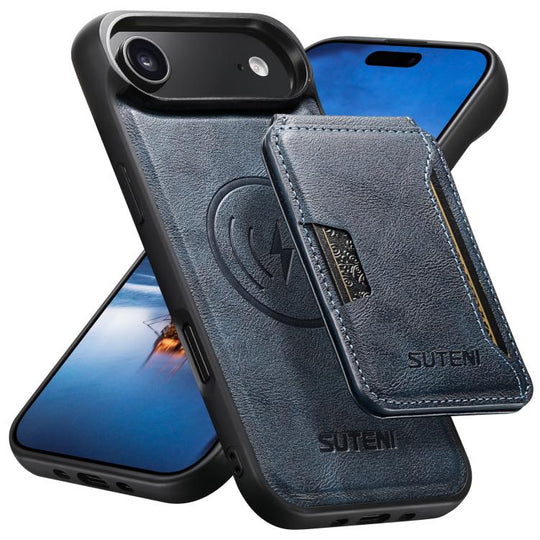 For iPhone Air Suteni M3 Card Bag MagSafe Cowhide Texture Leather Phone Case(Blue)