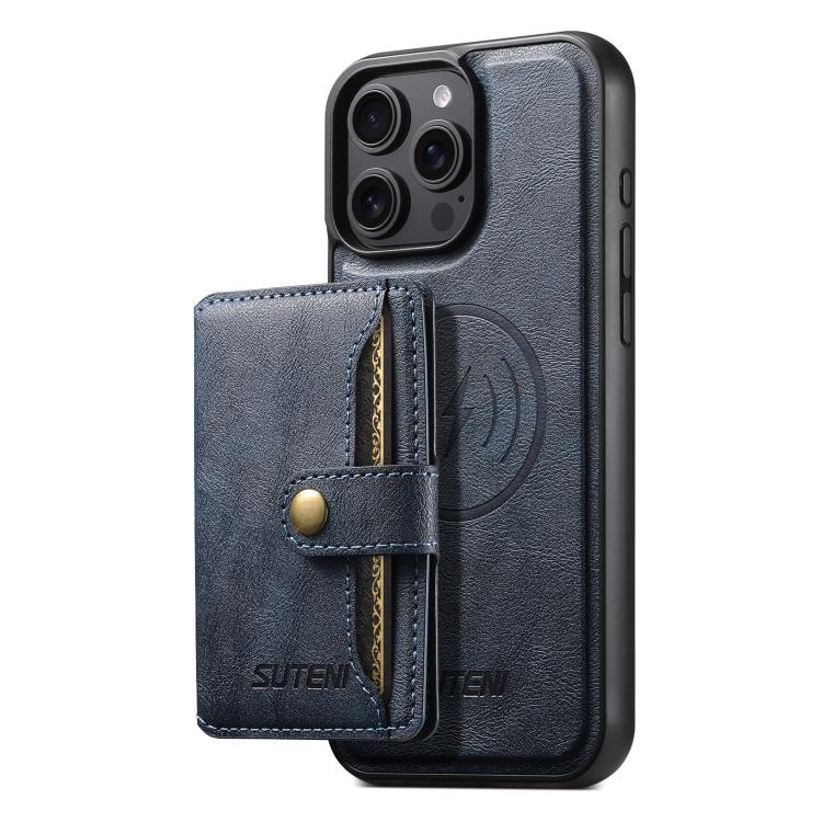 For iPhone 16 Pro Suteni M4 Magnetic Card Bag MagSafe Leather Phone Case(Blue) - iPhone 16 Pro Cases by Suteni | Online Shopping UK | buy2fix