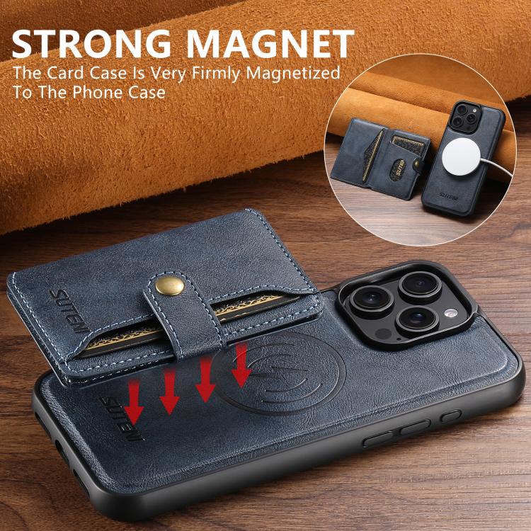 For iPhone 16 Pro Suteni M4 Magnetic Card Bag MagSafe Leather Phone Case(Blue) - iPhone 16 Pro Cases by Suteni | Online Shopping UK | buy2fix