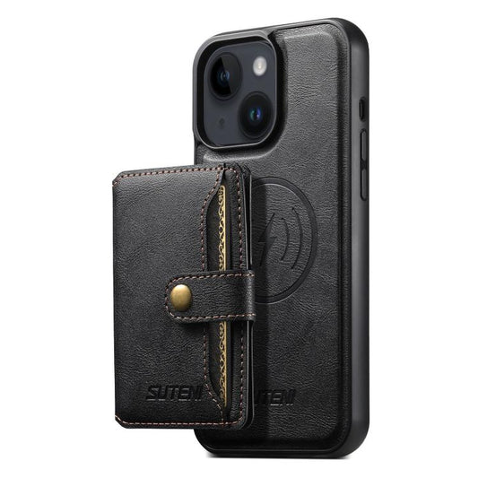 For iPhone 15 Suteni M4 Magnetic Card Bag MagSafe Leather Phone Case(Black) - iPhone 15 Cases by Suteni | Online Shopping UK | buy2fix