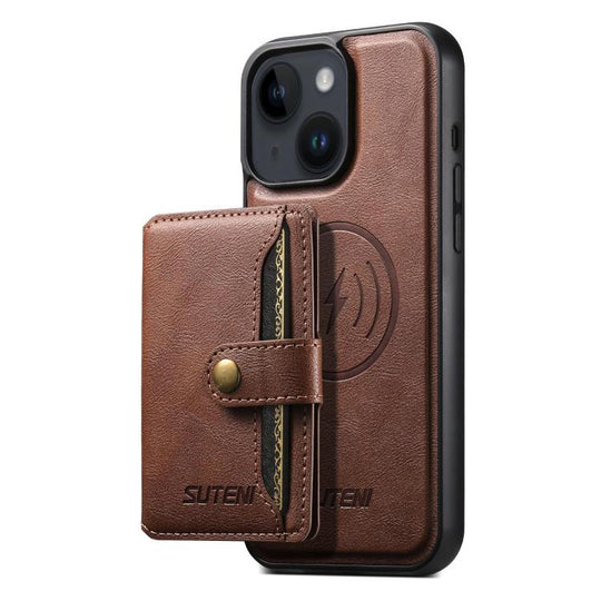For iPhone 15 Suteni M4 Magnetic Card Bag MagSafe Leather Phone Case(Brown)