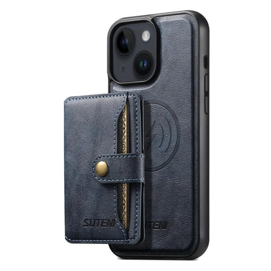For iPhone 15 Suteni M4 Magnetic Card Bag MagSafe Leather Phone Case(Blue)