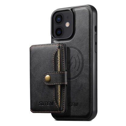 For iPhone 12 Suteni M4 Magnetic Card Bag MagSafe Leather Phone Case(Black) - iPhone 12 / 12 Pro Cases by Suteni | Online Shopping UK | buy2fix