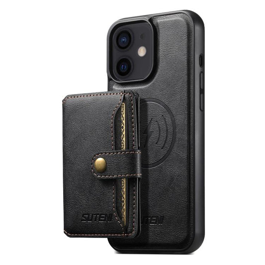 For iPhone 12 Suteni M4 Magnetic Card Bag MagSafe Leather Phone Case(Black) - iPhone 12 / 12 Pro Cases by Suteni | Online Shopping UK | buy2fix