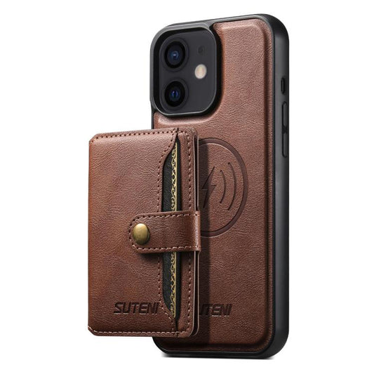 For iPhone 12 Suteni M4 Magnetic Card Bag MagSafe Leather Phone Case(Brown) - iPhone 12 / 12 Pro Cases by Suteni | Online Shopping UK | buy2fix