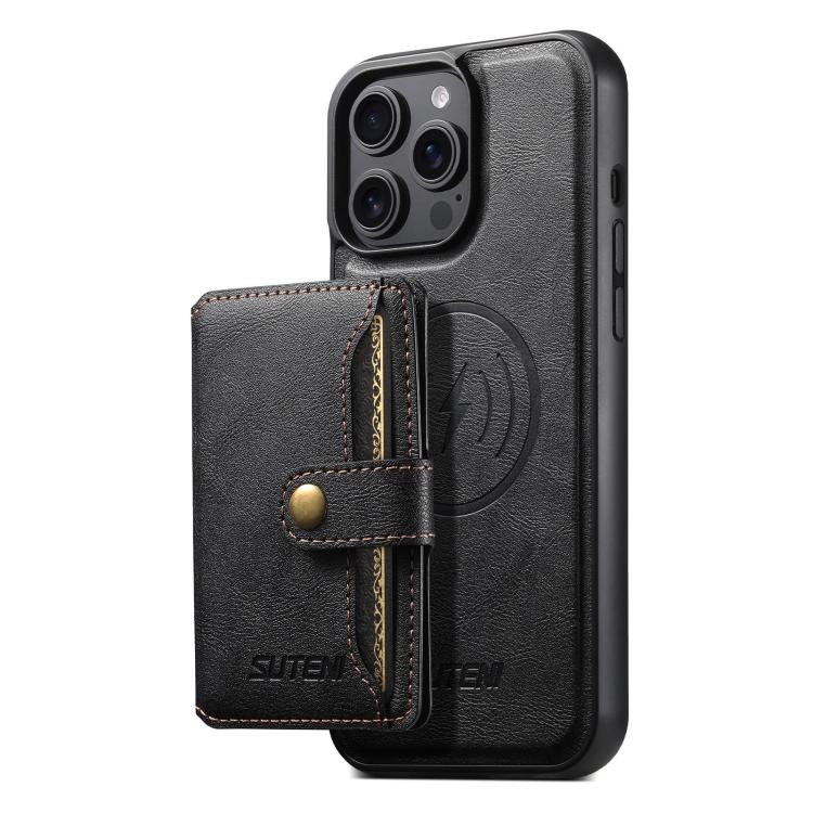 For iPhone 12 Pro Max Suteni M4 Magnetic Card Bag MagSafe Leather Phone Case(Black) - iPhone 12 Pro Max Cases by Suteni | Online Shopping UK | buy2fix