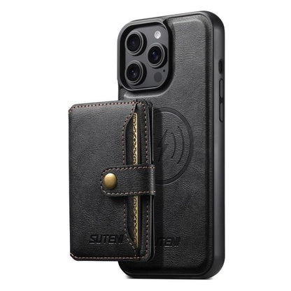For iPhone 12 Pro Max Suteni M4 Magnetic Card Bag MagSafe Leather Phone Case(Black) - iPhone 12 Pro Max Cases by Suteni | Online Shopping UK | buy2fix