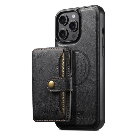 For iPhone 12 Pro Max Suteni M4 Magnetic Card Bag MagSafe Leather Phone Case(Black) - iPhone 12 Pro Max Cases by Suteni | Online Shopping UK | buy2fix