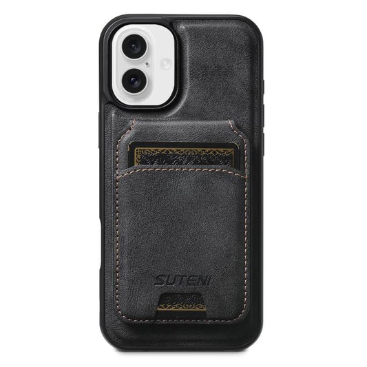 For iPhone 16 Plus Suteni M5 Magnetic Card Bag MagSafe Leather Phone Case(Black) - iPhone 16 Plus Cases by Suteni | Online Shopping UK | buy2fix