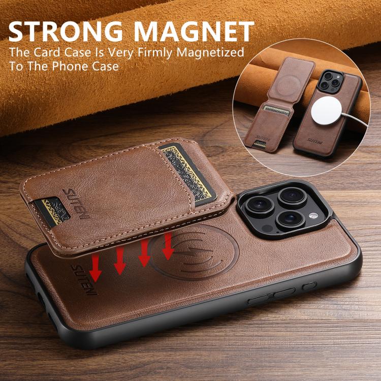 For iPhone 16 Plus Suteni M5 Magnetic Card Bag MagSafe Leather Phone Case(Brown) - iPhone 16 Plus Cases by Suteni | Online Shopping UK | buy2fix