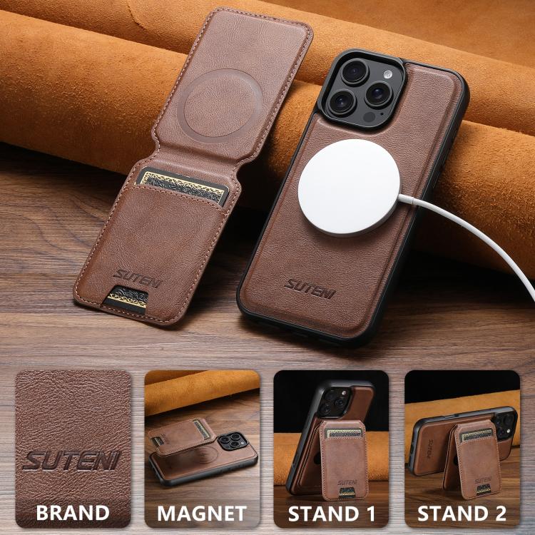 For iPhone 16 Plus Suteni M5 Magnetic Card Bag MagSafe Leather Phone Case(Brown) - iPhone 16 Plus Cases by Suteni | Online Shopping UK | buy2fix