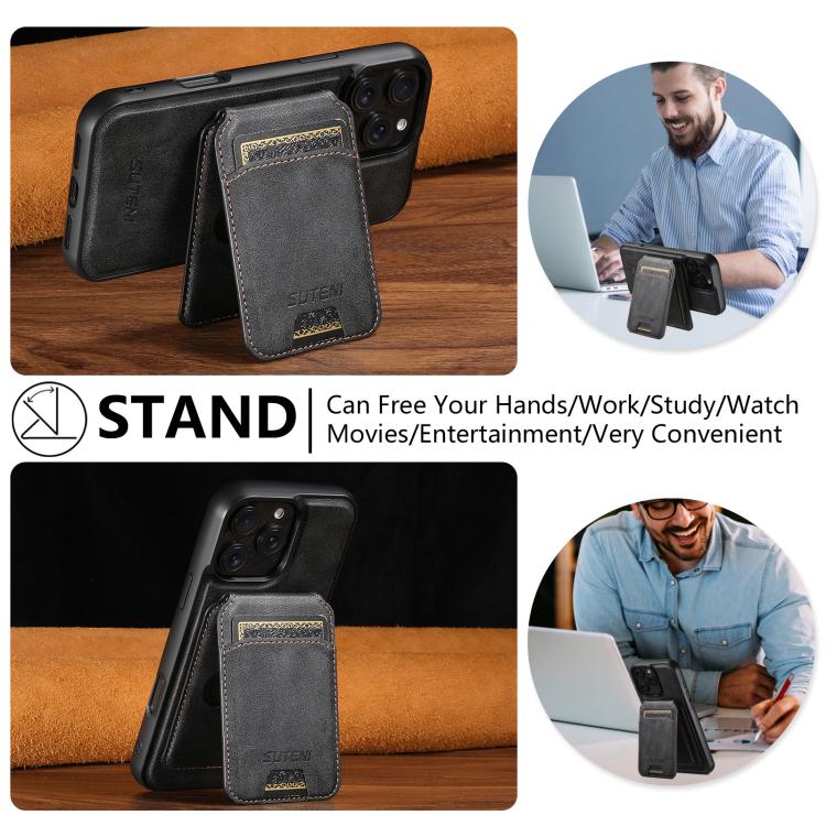 For iPhone 15 Pro Max Suteni M5 Magnetic Card Bag MagSafe Leather Phone Case(Black) - iPhone 15 Pro Max Cases by Suteni | Online Shopping UK | buy2fix