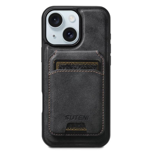 For iPhone 15 Suteni M5 Magnetic Card Bag MagSafe Leather Phone Case(Black) - iPhone 15 Cases by Suteni | Online Shopping UK | buy2fix