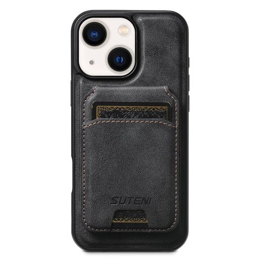 For iPhone 13 Suteni M5 Magnetic Card Bag MagSafe Leather Phone Case(Black) - iPhone 13 Cases by Suteni | Online Shopping UK | buy2fix