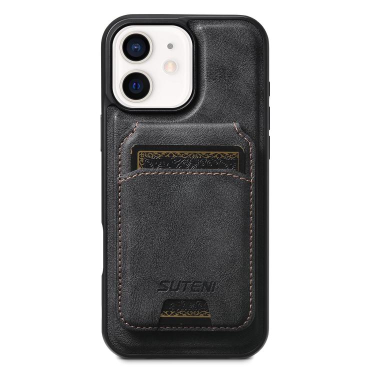 For iPhone 12 Suteni M5 Magnetic Card Bag MagSafe Leather Phone Case(Black) - iPhone 12 / 12 Pro Cases by Suteni | Online Shopping UK | buy2fix
