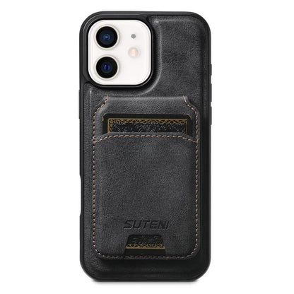 For iPhone 12 Suteni M5 Magnetic Card Bag MagSafe Leather Phone Case(Black) - iPhone 12 / 12 Pro Cases by Suteni | Online Shopping UK | buy2fix