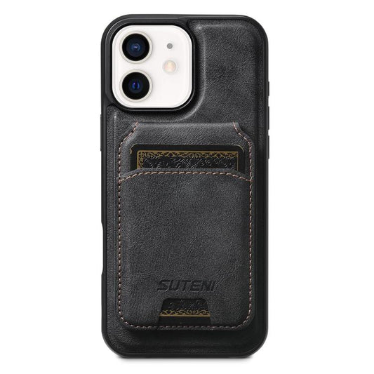 For iPhone 12 Suteni M5 Magnetic Card Bag MagSafe Leather Phone Case(Black) - iPhone 12 / 12 Pro Cases by Suteni | Online Shopping UK | buy2fix