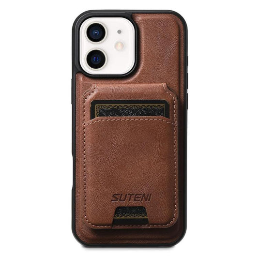 For iPhone 12 Suteni M5 Magnetic Card Bag MagSafe Leather Phone Case(Brown) - iPhone 12 / 12 Pro Cases by Suteni | Online Shopping UK | buy2fix