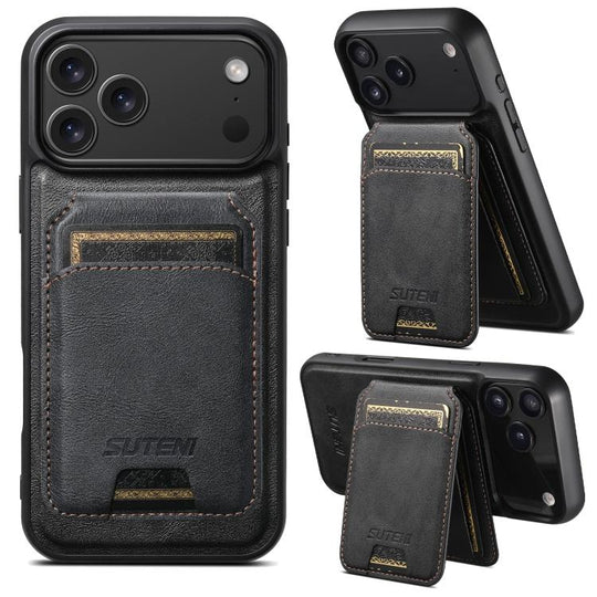 For iPhone 17 Pro Suteni M5 Magnetic Card Bag MagSafe Cowhide Texture Leather Phone Case(Black)
