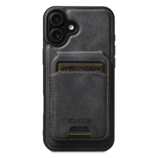 For iPhone 17 Suteni M5 Magnetic Card Bag MagSafe Cowhide Texture Leather Phone Case(Black)