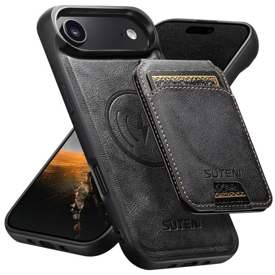 For iPhone Air Suteni M5 Magnetic Card Bag MagSafe Cowhide Texture Leather Phone Case(Black)