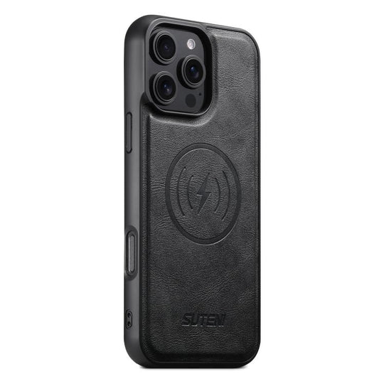 For iPhone 16 Pro Suteni G5 Cowhide Leather MagSafe Magnetic Phone Case(Black)