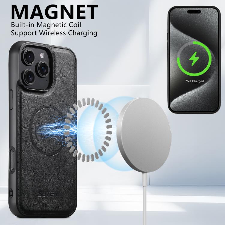 For iPhone 16 Suteni G5 Cowhide Leather MagSafe Magnetic Phone Case(Black) - iPhone 16 Cases by Suteni | Online Shopping UK | buy2fix