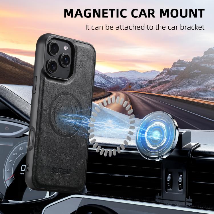 For iPhone 14 Suteni G5 Cowhide Leather MagSafe Magnetic Phone Case(Black) - iPhone 14 Cases by Suteni | Online Shopping UK | buy2fix