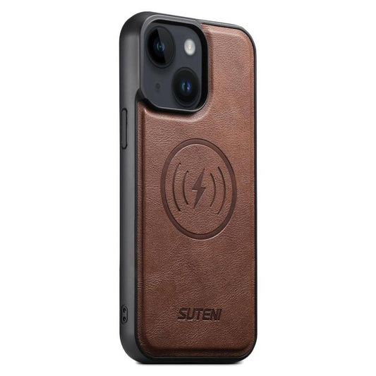 For iPhone 14 Suteni G5 Cowhide Leather MagSafe Magnetic Phone Case(Brown) - iPhone 14 Cases by Suteni | Online Shopping UK | buy2fix
