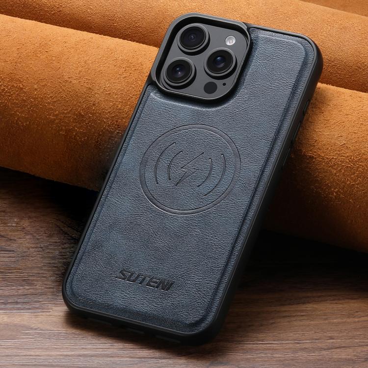 For iPhone 14 Suteni G5 Cowhide Leather MagSafe Magnetic Phone Case(Blue) - iPhone 14 Cases by Suteni | Online Shopping UK | buy2fix