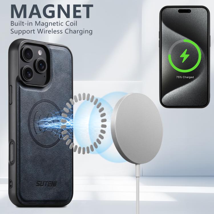 For iPhone 14 Suteni G5 Cowhide Leather MagSafe Magnetic Phone Case(Blue) - iPhone 14 Cases by Suteni | Online Shopping UK | buy2fix