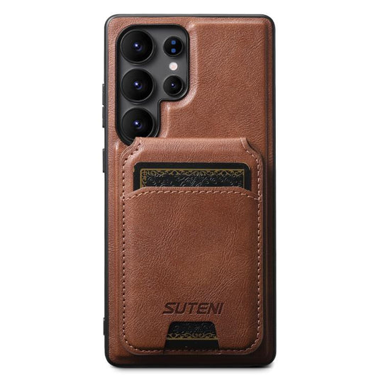 For Samsung Galaxy S22 Ultra 5G Suteni M5 Magnetic Card Bag MagSafe Cowhide Texture Leather Phone Case(Brown)