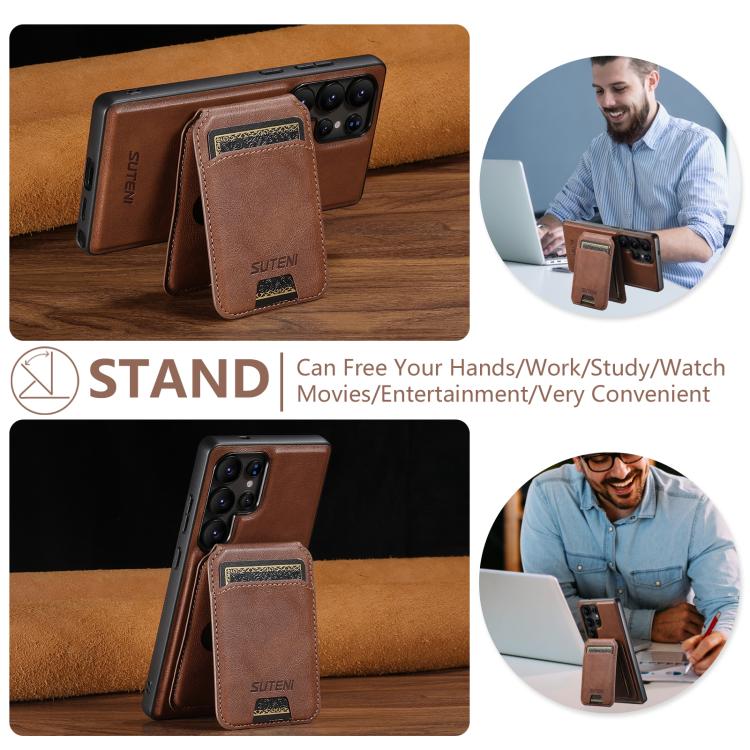 For Samsung Galaxy S22 Ultra 5G Suteni M5 Magnetic Card Bag MagSafe Leather Phone Case(Brown) - Galaxy S22 Ultra 5G Cases by Suteni | Online Shopping UK | buy2fix