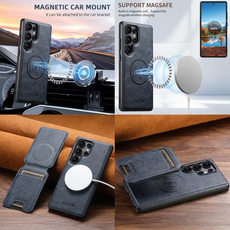 For Samsung Galaxy S22 Ultra 5G Suteni M5 Magnetic Card Bag MagSafe Leather Phone Case(Blue) - Galaxy S22 Ultra 5G Cases by Suteni | Online Shopping UK | buy2fix