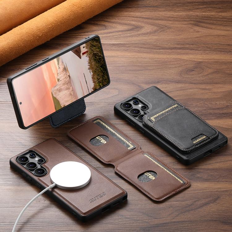 For Samsung Galaxy S22 Ultra 5G Suteni M5 Magnetic Card Bag MagSafe Leather Phone Case(Brown) - Galaxy S22 Ultra 5G Cases by Suteni | Online Shopping UK | buy2fix