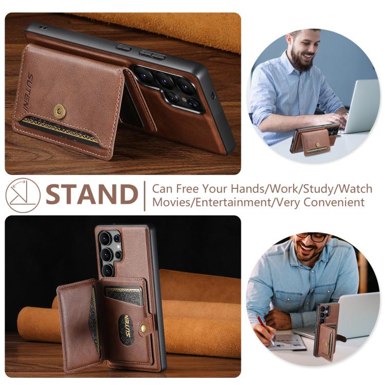 For Samsung Galaxy S22 Ultra 5G Suteni M4 Magnetic Card Bag MagSafe Leather Phone Case(Brown) - Galaxy S22 Ultra 5G Cases by Suteni | Online Shopping UK | buy2fix