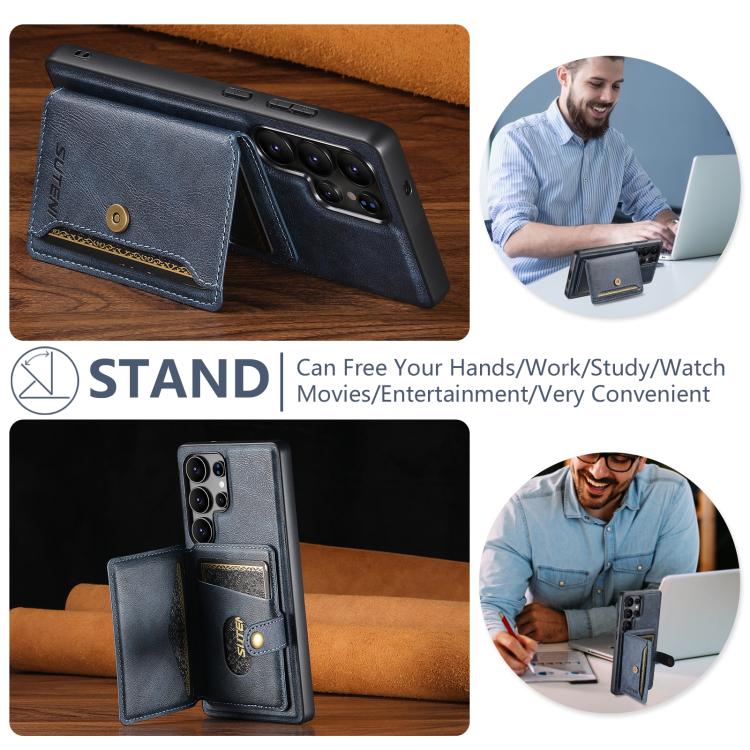 For Samsung Galaxy S22 Ultra 5G Suteni M4 Magnetic Card Bag MagSafe Leather Phone Case(Blue) - Galaxy S22 Ultra 5G Cases by Suteni | Online Shopping UK | buy2fix