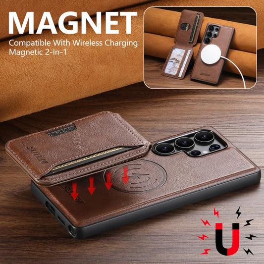 For Samsung Galaxy S25 Ultra 5G Suteni M3 Card Bag MagSafe Cowhide Texture Leather Phone Case(Brown) - Galaxy S25 Ultra 5G Cases by Suteni | Online Shopping UK | buy2fix