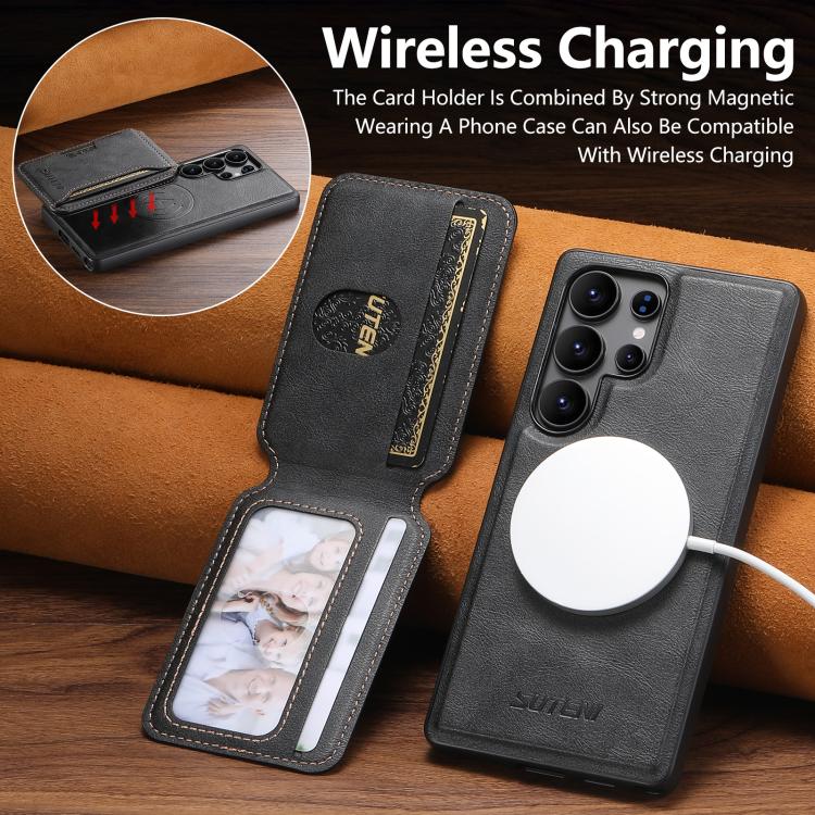 For Samsung Galaxy S24 Ultra 5G Suteni M3 Card Bag MagSafe Cowhide Texture Leather Phone Case(Black) - Galaxy S24 Ultra 5G Cases by Suteni | Online Shopping UK | buy2fix
