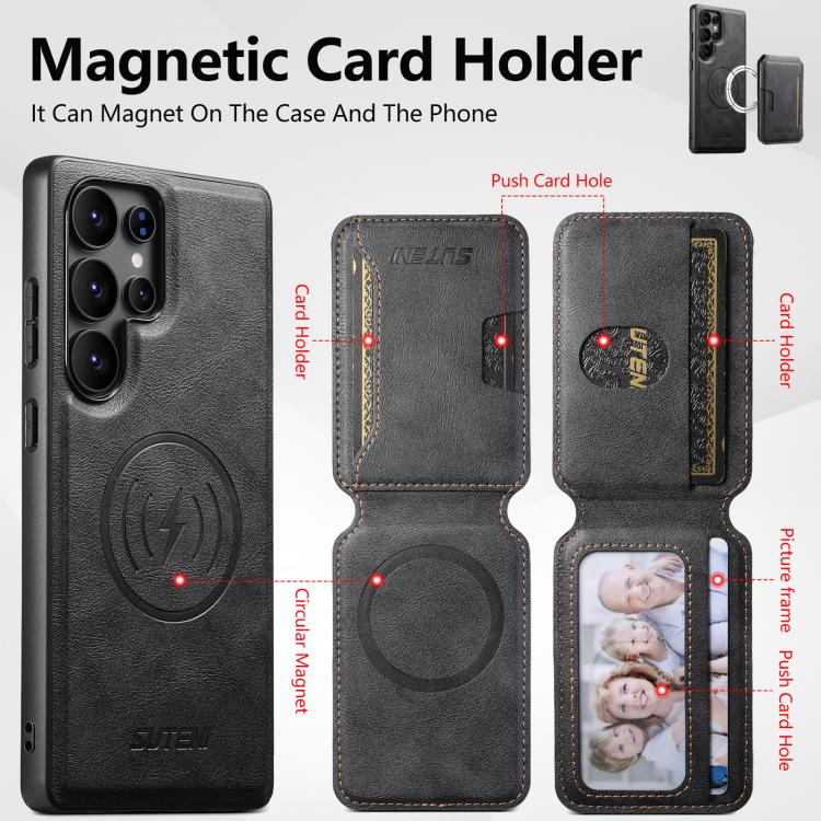 For Samsung Galaxy S24 Ultra 5G Suteni M3 Card Bag MagSafe Cowhide Texture Leather Phone Case(Black) - Galaxy S24 Ultra 5G Cases by Suteni | Online Shopping UK | buy2fix